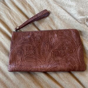 Hobo Embossed Brown Leather Wristlet